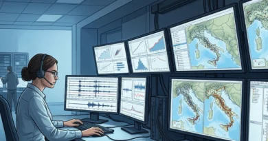 Un ricercatore osserva i sismogrammi della rete sismica nazionale magnitudo 2026 in sala monitoraggio.