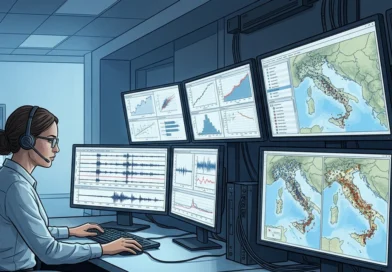 Un ricercatore osserva i sismogrammi della rete sismica nazionale magnitudo 2026 in sala monitoraggio.