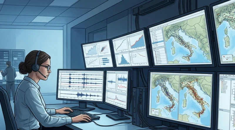 Un ricercatore osserva i sismogrammi della rete sismica nazionale magnitudo 2026 in sala monitoraggio.