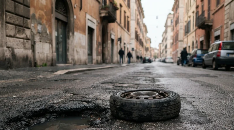 Automobilista fotografa un pneumatico danneggiato accanto a una buca per il risarcimento danni buca stradale