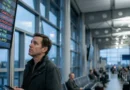 Passeggero con carta d'imbarco davanti al tabellone voli cancellati: risarcimento volo cancellato 2026.