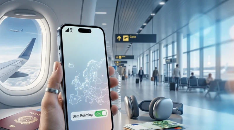 Smartphone in roaming UE 2026 mostra la copertura di rete durante un viaggio all'estero in Europa