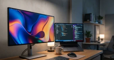 Scrivania moderna con monitor PC acceso su un test di colori per scegliere monitor PC 2026, con un secondo schermo sullo sfondo