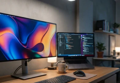 Scrivania moderna con monitor PC acceso su un test di colori per scegliere monitor PC 2026, con un secondo schermo sullo sfondo