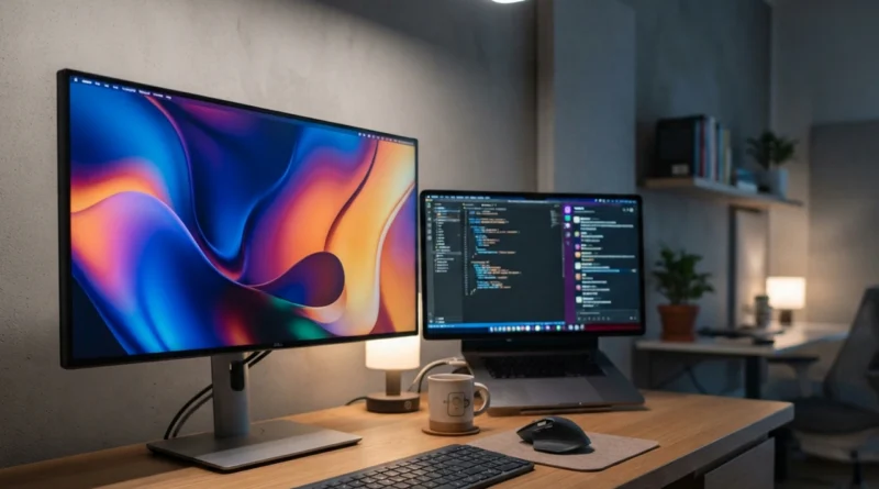 Scrivania moderna con monitor PC acceso su un test di colori per scegliere monitor PC 2026, con un secondo schermo sullo sfondo