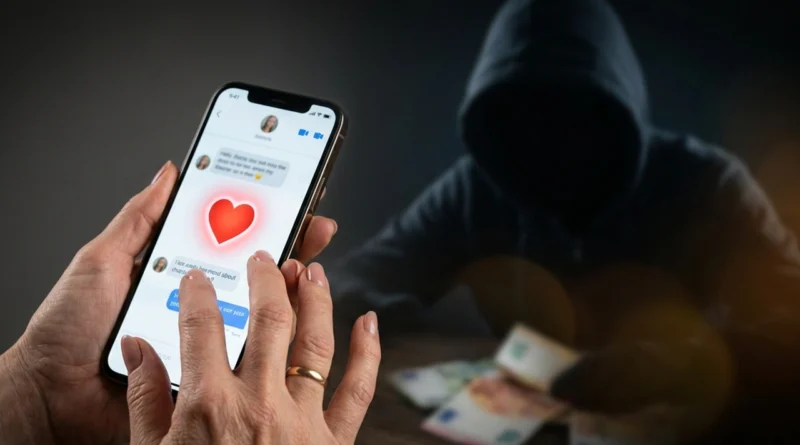 Donna preoccupata davanti allo smartphone vittima di truffe sentimentali online 2026, un profilo falso di romance scam sullo schermo