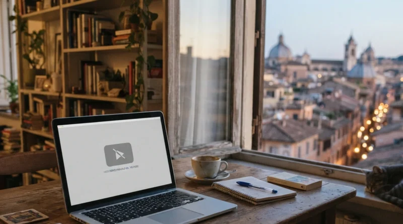 Laptop su un tavolo all'estero con schermo bloccato, immagine su come vedere la TV italiana all'estero