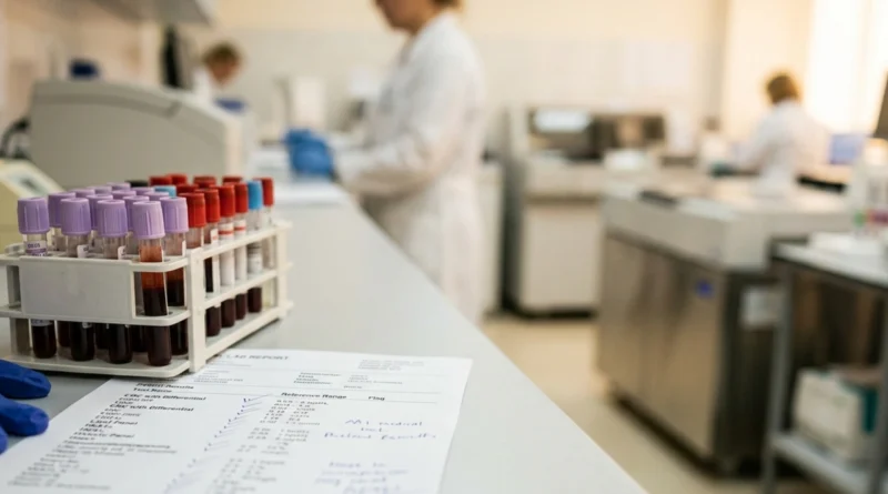 Provetta di sangue e referto con bilirubina alta valori 2026 accanto a occhi con sclere giallastre da ittero