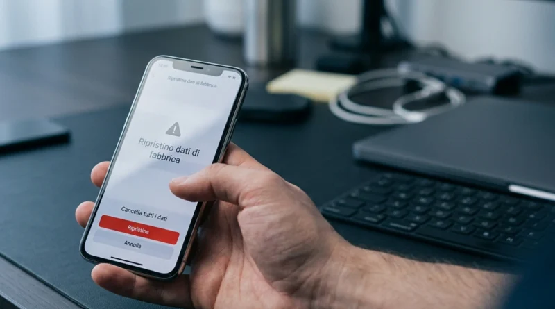 Cancellare dati telefono 2026: schermata di ripristino di fabbrica su uno smartphone Android accanto a un iPhone