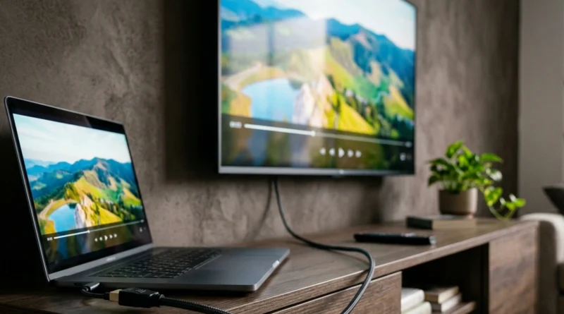 Cavo HDMI e schermo wireless per collegare il PC alla TV in un salotto moderno con laptop e televisore