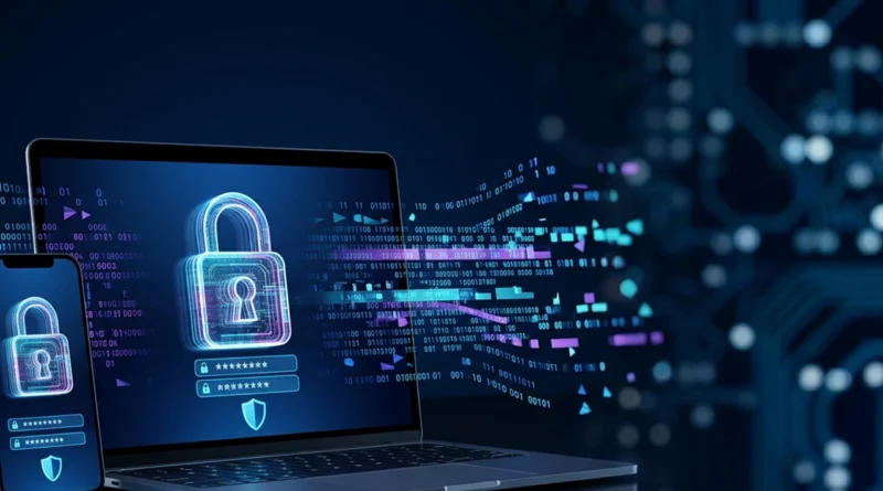 Schermata di come funziona un password manager con vault cifrato e master password su laptop e smartphone