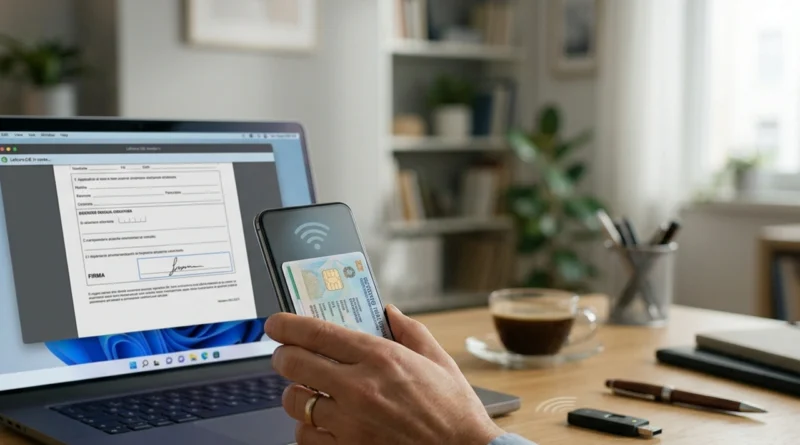 Smartphone che legge la CIE via NFC accanto al portatile: ecco come ottenere la firma digitale online