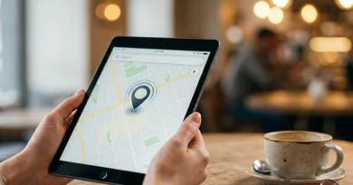 Mani che tengono un tablet con la mappa e la posizione del dispositivo: come trovare telefono perso