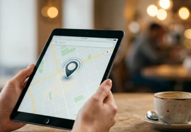 Mani che tengono un tablet con la mappa e la posizione del dispositivo: come trovare telefono perso