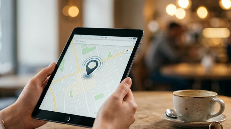 Mani che tengono un tablet con la mappa e la posizione del dispositivo: come trovare telefono perso