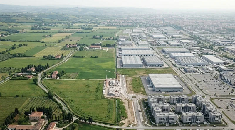 Veduta aerea del consumo di suolo in Italia, con nuove aree residenziali e capannoni che sostituiscono campi agricoli.