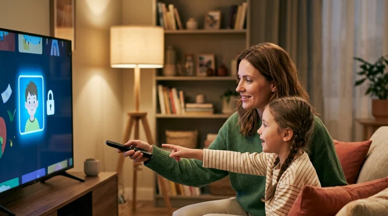 Un genitore e un bambino impostano il controllo genitori streaming 2026 sulla smart TV con profilo bambini protetto
