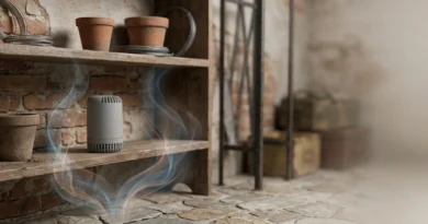 Rilevatore di gas radon appoggiato su uno scaffale di legno in una cantina con pavimento in pietra e muri in mattoni