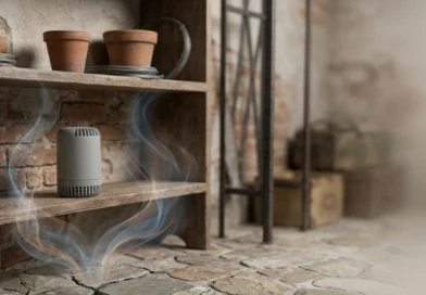 Rilevatore di gas radon appoggiato su uno scaffale di legno in una cantina con pavimento in pietra e muri in mattoni