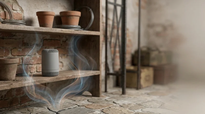 Rilevatore di gas radon appoggiato su uno scaffale di legno in una cantina con pavimento in pietra e muri in mattoni