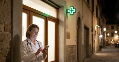 Un medico della guardia medica risponde al telefono di notte in un ambulatorio di continuità assistenziale