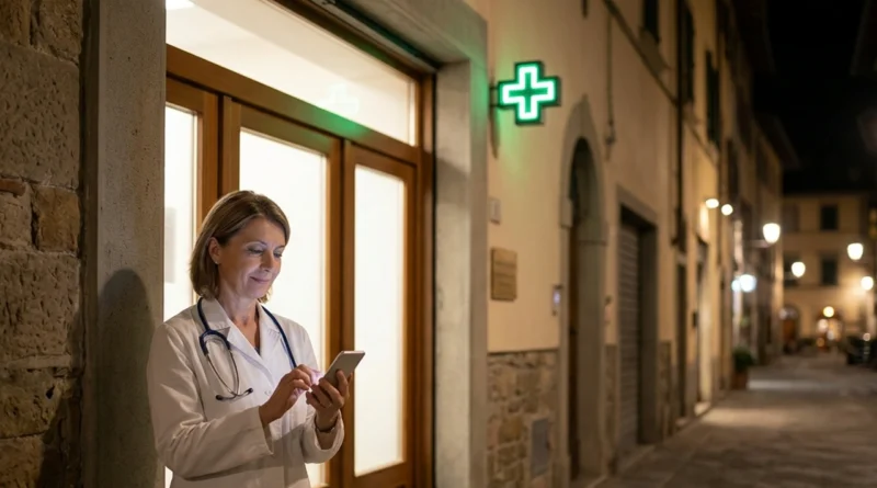Un medico della guardia medica risponde al telefono di notte in un ambulatorio di continuità assistenziale