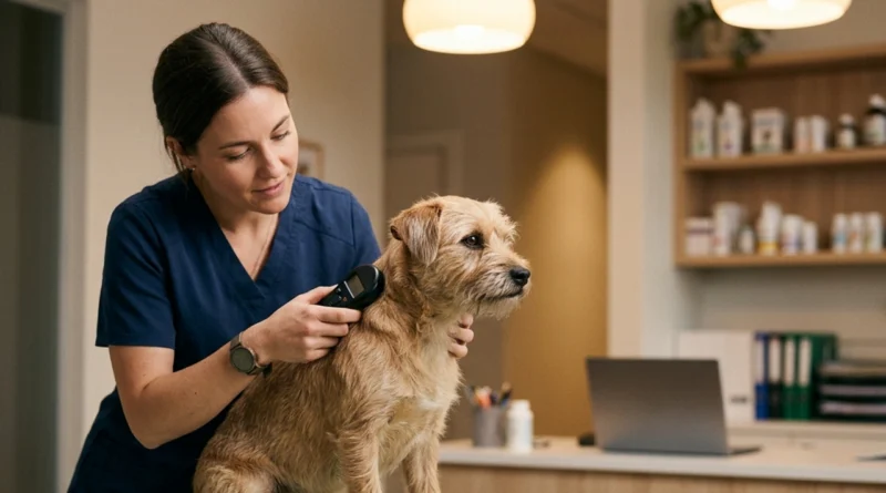 Veterinario applica il microchip cane 2026 sottocute a un cucciolo durante l'iscrizione all'anagrafe degli animali d'affezione