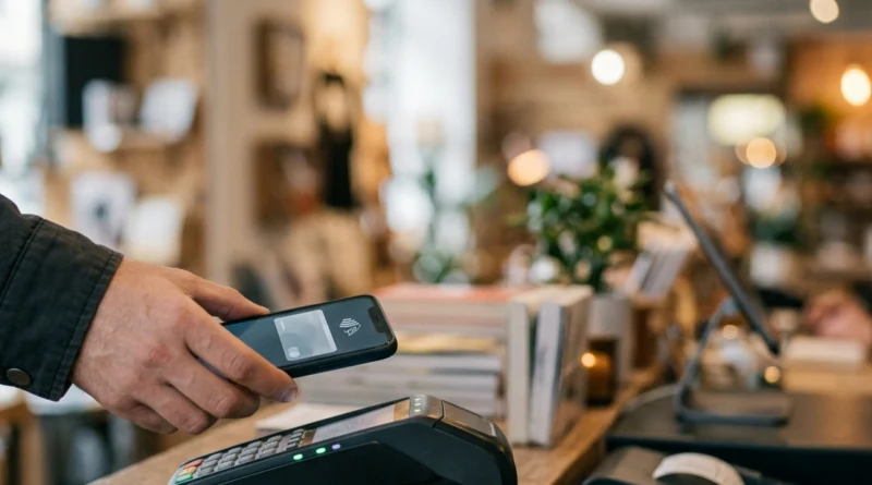Persona che usa il metodo pagare con lo smartphone 2026 avvicinando il telefono al POS contactless in negozio