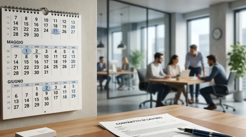 Una lavoratrice compila la richiesta di permessi retribuiti 2026 alla scrivania, con calendario e documenti del contratto di lavoro