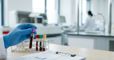 Provetta di sangue con referto che segnala proteina C reattiva alta, indice di infiammazione da valutare con il medico