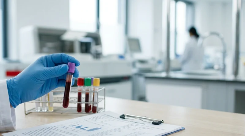 Provetta di sangue con referto che segnala proteina C reattiva alta, indice di infiammazione da valutare con il medico