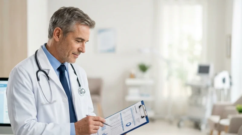Un medico esamina il referto delle analisi che mostra i valori del PSA alto valori 2026 nello studio luminoso di una clinica