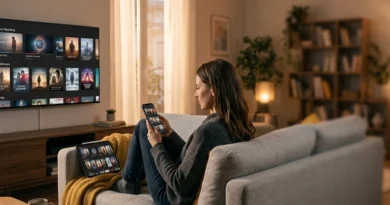 Guida a quanti dispositivi streaming 2026: loghi di Netflix, Disney+, Prime Video e DAZN su TV, tablet e smartphone in salotto