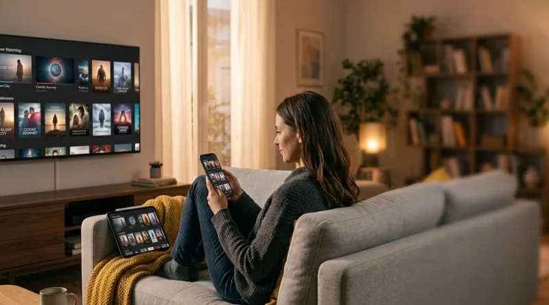 Guida a quanti dispositivi streaming 2026: loghi di Netflix, Disney+, Prime Video e DAZN su TV, tablet e smartphone in salotto