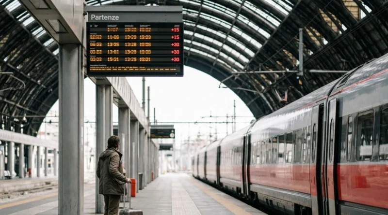 Passeggero legge il tabellone in stazione per il rimborso treno in ritardo 2026