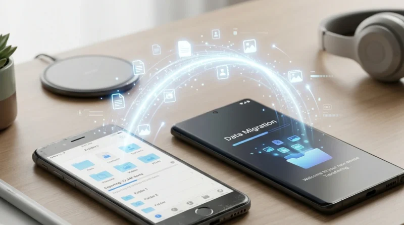 Due smartphone, un Android e un iPhone, affiancati mentre si trasferiscono i dati sul nuovo smartphone tramite cavo