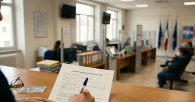 Modulo di autocertificazione 2026 compilato e firmato su una scrivania accanto a una carta d'identità italiana