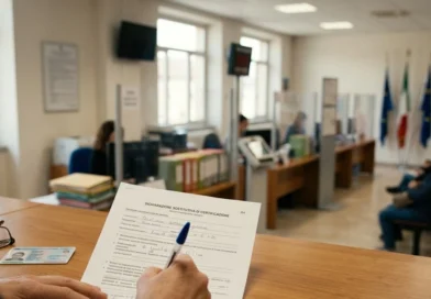 Modulo di autocertificazione 2026 compilato e firmato su una scrivania accanto a una carta d'identità italiana
