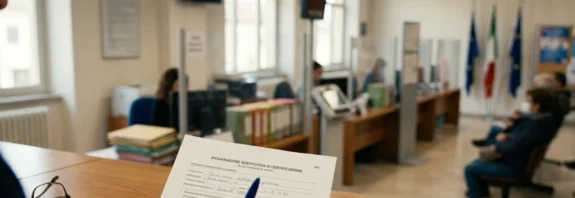 Modulo di autocertificazione 2026 compilato e firmato su una scrivania accanto a una carta d'identità italiana