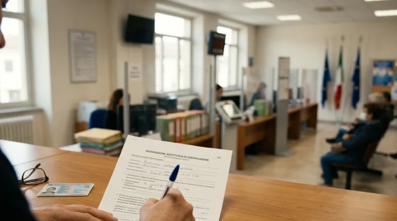 Modulo di autocertificazione 2026 compilato e firmato su una scrivania accanto a una carta d'identità italiana