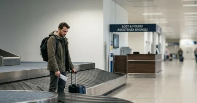 Passeggero allo sportello Lost & Found di un aeroporto italiano mentre denuncia un bagaglio smarrito con il modulo PIR