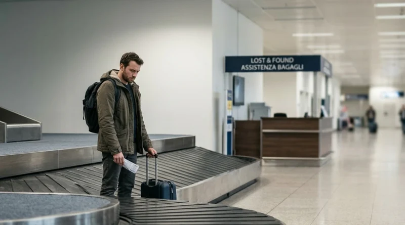 Passeggero allo sportello Lost & Found di un aeroporto italiano mentre denuncia un bagaglio smarrito con il modulo PIR