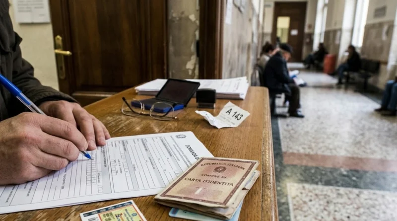 Mano che compila il modulo di richiesta del certificato dei carichi pendenti con la carta d'identità nel corridoio di una Procura