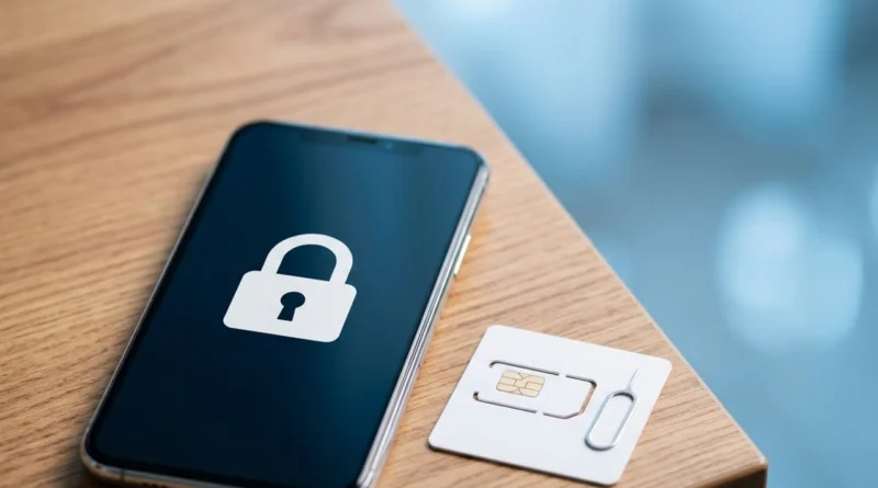 Smartphone con il lucchetto sullo schermo accanto a una SIM e all'estrattore: per sbloccare la scheda serve il codice PUK