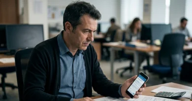 Lavoratore compila sullo smartphone il modulo per le dimissioni per giusta causa, con buste paga non pagate sulla scrivania