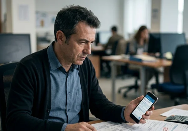 Lavoratore compila sullo smartphone il modulo per le dimissioni per giusta causa, con buste paga non pagate sulla scrivania