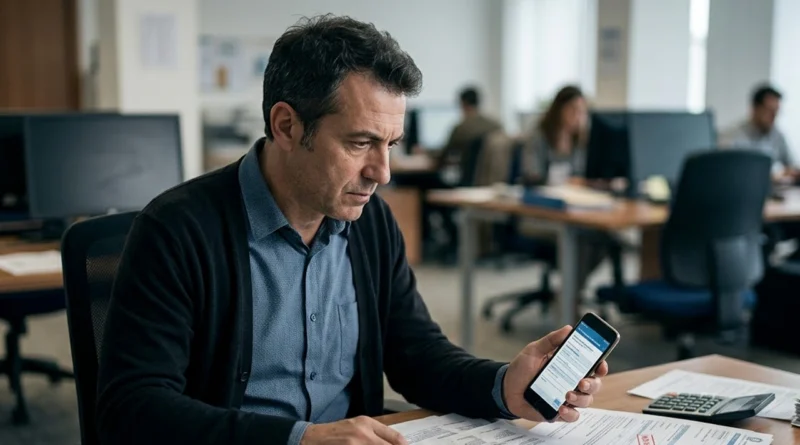 Lavoratore compila sullo smartphone il modulo per le dimissioni per giusta causa, con buste paga non pagate sulla scrivania