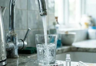 Rubinetto con incrostazioni di calcare che riempie un bicchiere, esempio di durezza acqua elevata in cucina