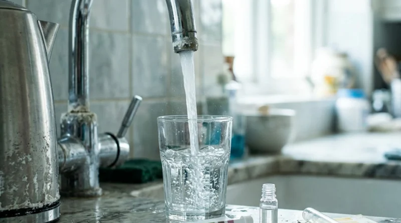 Rubinetto con incrostazioni di calcare che riempie un bicchiere, esempio di durezza acqua elevata in cucina