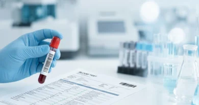 Provetta per le analisi del sangue accanto al referto di una gamma GT alta in un laboratorio ospedaliero